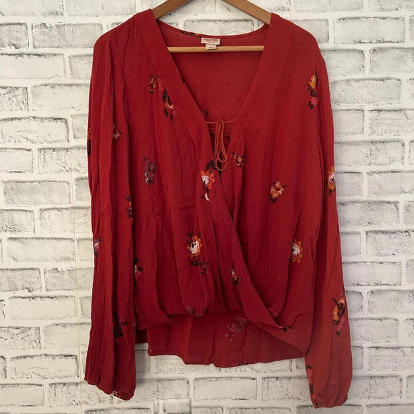 Women’s Mossimo dark burnt orange open v-neck embroidered blouse XXL - Picture 1 of 5